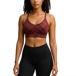 VS PINK XS Active Lightly Lined Racerback Sports Bralette Burgundy Plaid Holiday